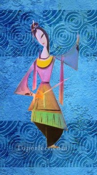 Original decoración de pared niña china con espada Pinturas al óleo